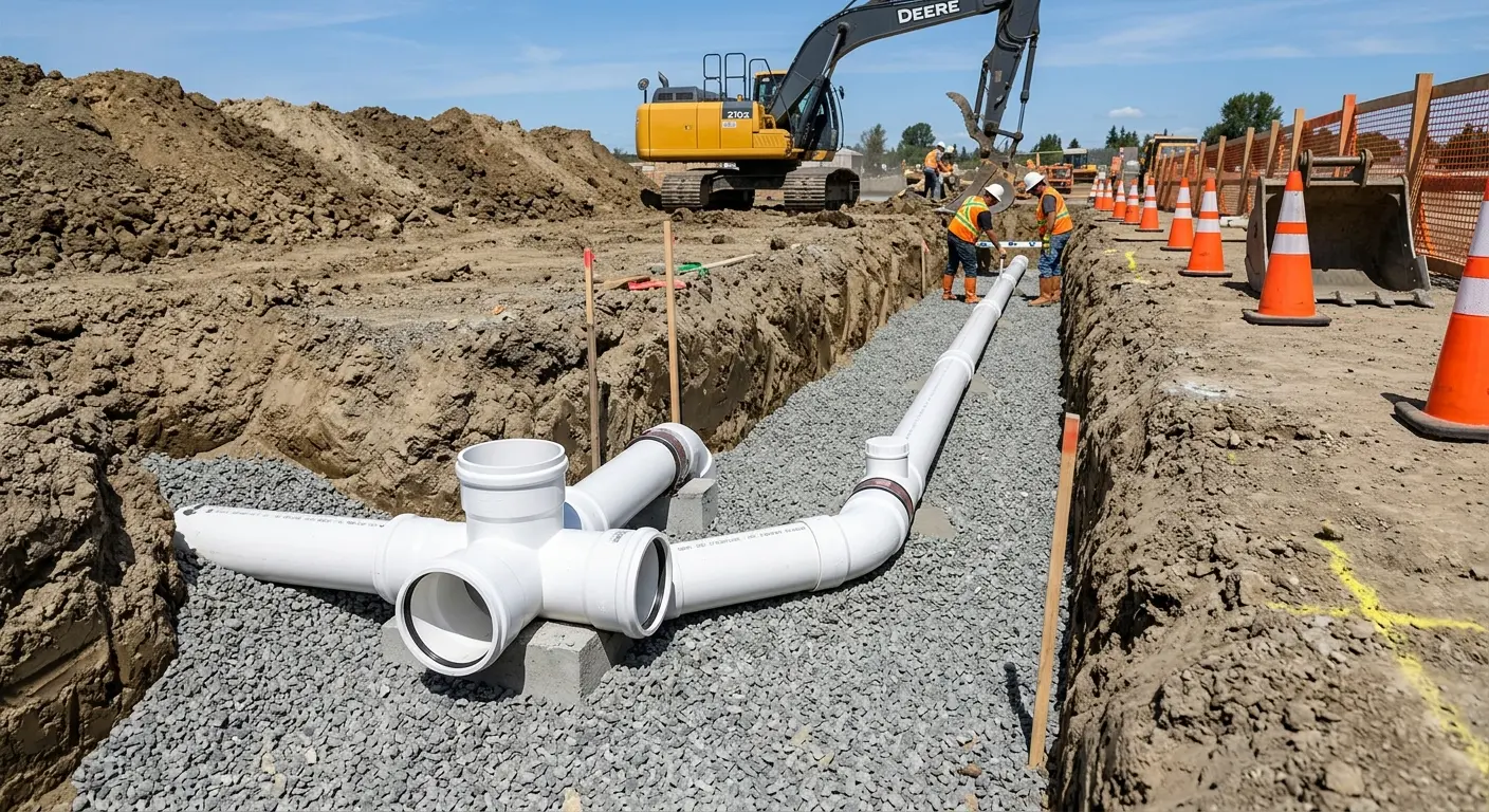 New PVC sewer pipe installation in open trench for Sewer Backup in Eidson Road