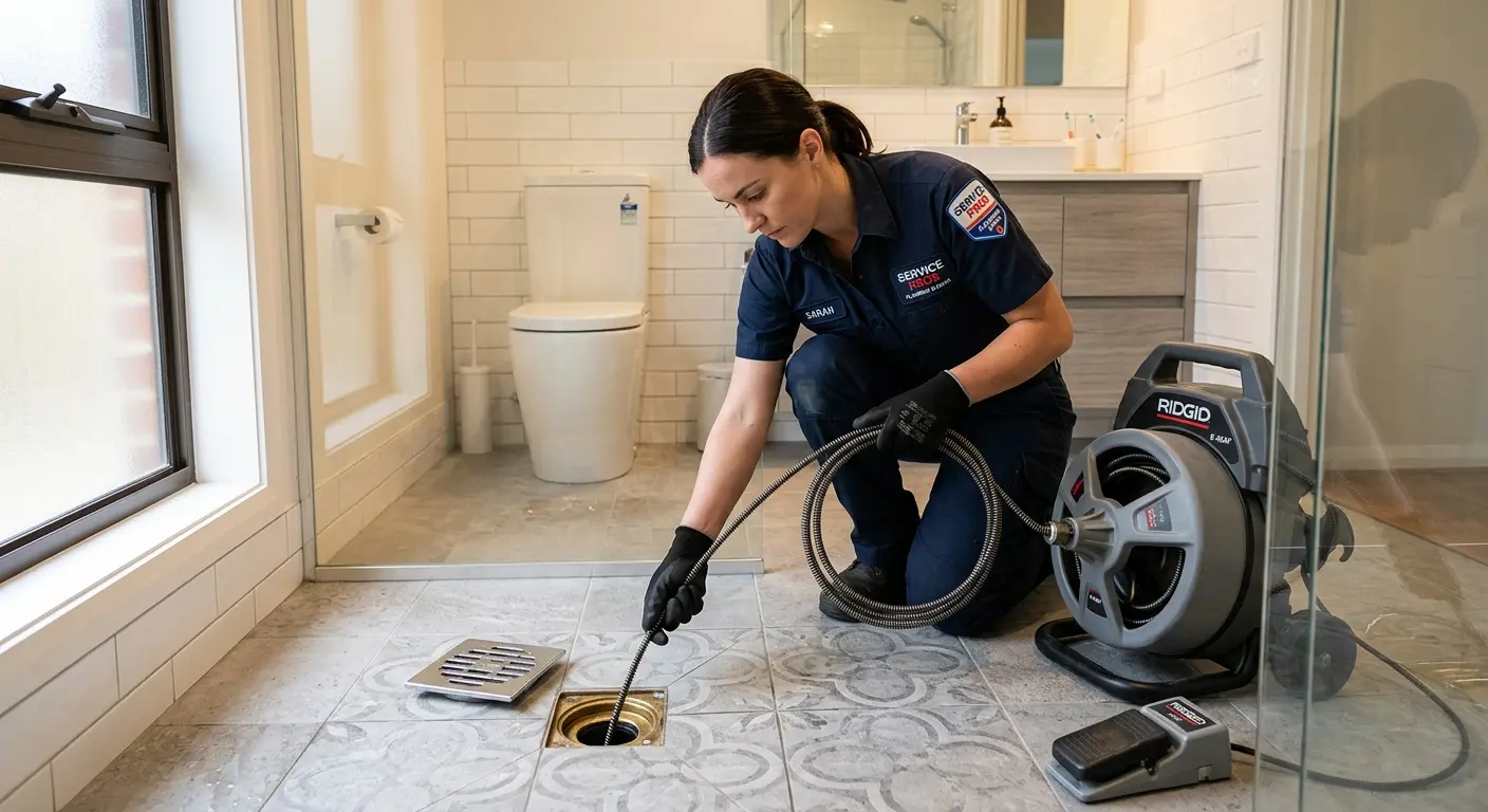 Technician clearing a bathroom floor drain for Drain Cleaning in Eidson Road